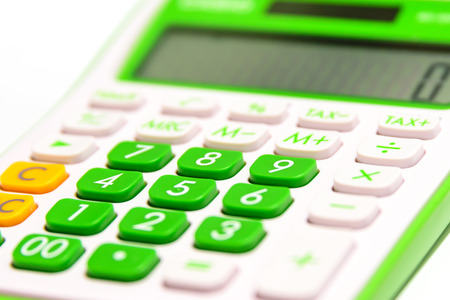 Vivid Green Digital calculator isolated on white backgroundの写真素材