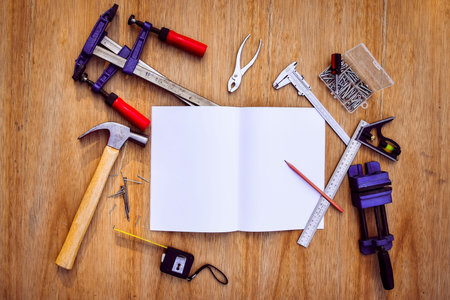 Collection of worktools, set of working tools. (Steel wrench, hammer, nails, bolts, wrenches, etc.)...