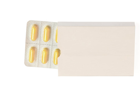 Open blank label medicine packet with blister pills pack ,isolated on whiteの写真素材