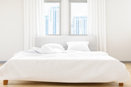 The modern of white bedroom bed sheets and pillows ,comfort and bedding concept, 3D illustration 3D render imageの写真素材