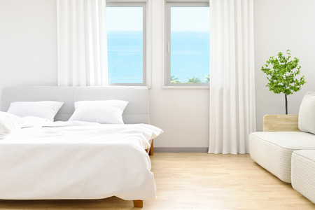 The modern of white bedroom bed sheets and pillows ,comfort and bedding concept and beach background at windows, 3D illustrationの写真素材