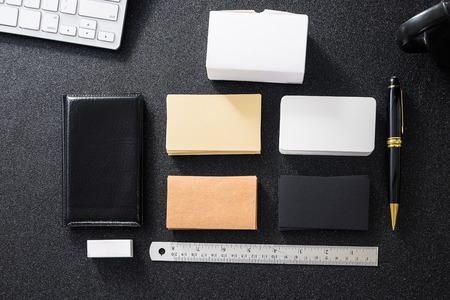 Blank black and white business card mock up black background for use us contact information design templete.の写真素材