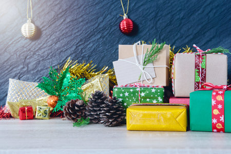 stack colorful gifts box on table for celebration backgroundの写真素材
