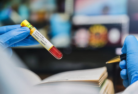 COVID-19 Positive Blood test tube in doctor hand, Coronavirus test label in hospital blood test tube...