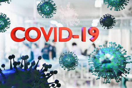 COVID-19 Coronavirus on Blurred Hospital background, Unrecognized Doctors and nurses are urgently helping patient background ,STOP COVID-19 coronavirus pandemic infection concept. 3d rendering.の写真素材