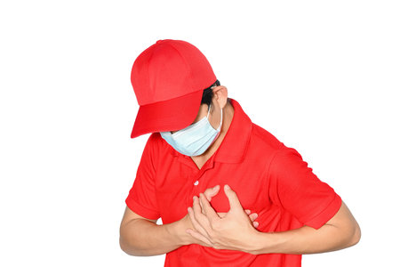 Delivery man chest pain from heart attack. healthcare concept isolate on white background
