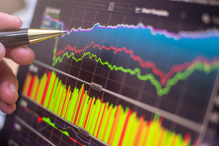 stock exchange monitor screen closeup on tablet with businessman finger analysis while open market...