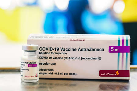Thailand - June 5 , 2021 Close up of AstraZeneca Vaccine vials bottles for can help stop pandemic ,COVID-19 vaccines can help reduce the transmission of the new coronavirus from person to personのeditorial素材