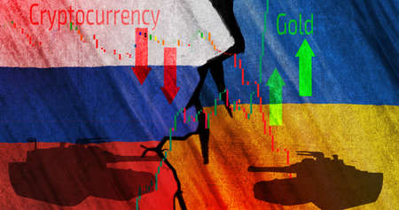 Ukrainian and Russian flags war crisis and conflict. International situation theme severely affecting stock markets and crypto currency market is down and gold market is UPの写真素材
