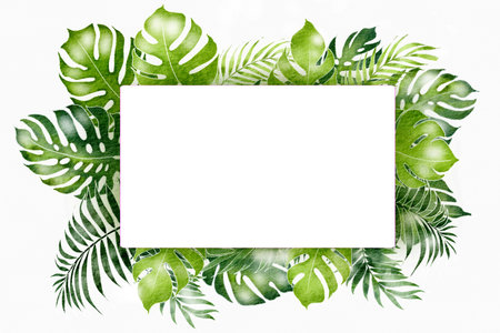 natural frame watercolor background in green with leaf border on whiteの写真素材