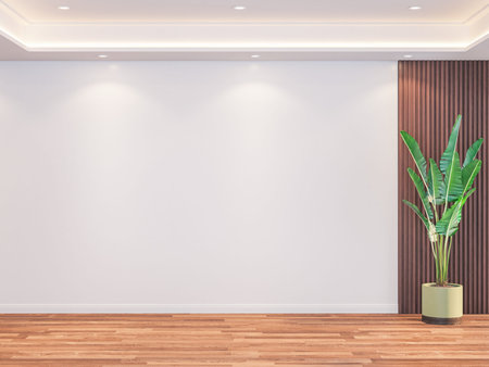 Blank wall mockupMinimal room wall mockup with wooden floor and ornamental plant contemporary,3D...