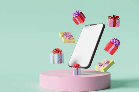 smart phone blank screen and gift box on podium. Creative minimal concept of gifts and delivery shopping. Suitable for advertising marketing background,3d Renderingの写真素材