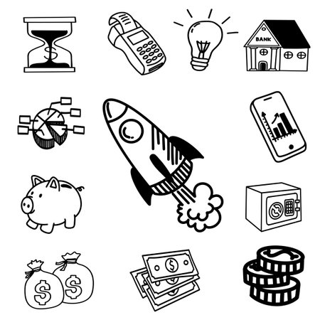 Business ideas rocket startup , doodle freehand drawing light bulb business doodles setのイラスト素材