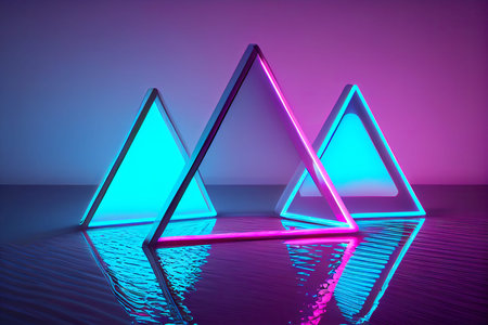 Abstract neon circle light fluorescent Neon Lights glow ,Reflection on water,neon lights exhibition...