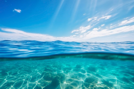 Blue sea ocean water surface and underwater with sunny and cloudy sky,seascape summer background wallpaper.の写真素材