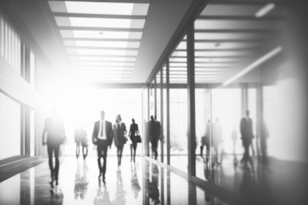 Blurred business people meeting in office interior with space for business banner g background designの写真素材