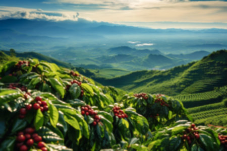 Blurred Coffee Plantation Overlooking Majestic Mountains for backgroundの写真素材
