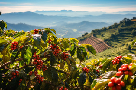 Blurred Coffee Plantation Overlooking Majestic Mountains for backgroundの素材