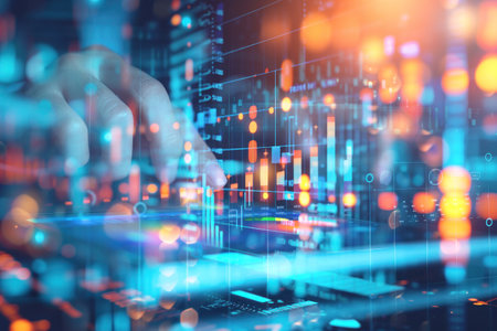 Person using a tablet analytics data with AI ,Abstract Technology Digital Background for management business KPI dashboard report with metrics ,Finance, operations, marketing conceptの素材