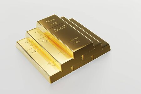 Stock gold market precious background, Gold bars and Financial concept, Luxury set gold brick stack on white background. 3d render.の写真素材