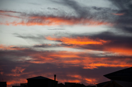 Beautiful sky with clouds at sunset. Colorful dramatic sky.の写真素材