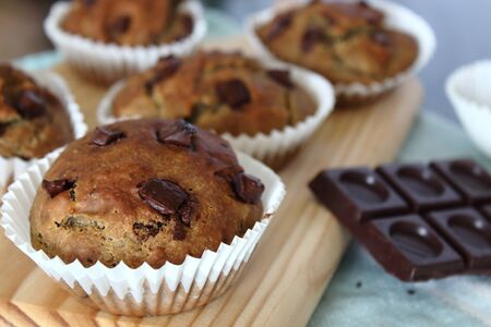 Homemade bakery Banana Muffin Sprinkle with chocolate chip Pastries made from flour, banana, sugar and chocolate. Popular dessert.の写真素材