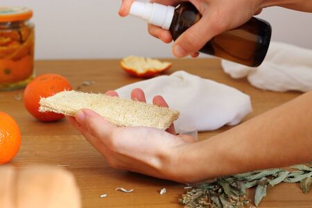 Vinager of citrus. Natural cleaning product. Eco friendly. Zero waste concept. Plastic free.の写真素材