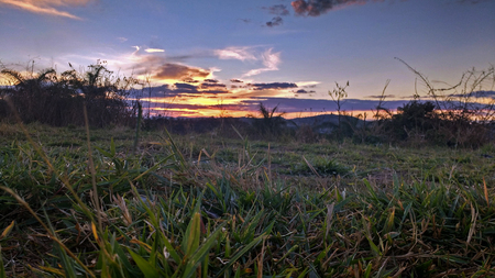 Sunset with clouds, grass, coconut trees and mountains in sunny dayの写真素材