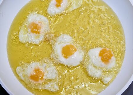 Set of five fried quail eggs in a white frying pan in boiling olive oilの写真素材