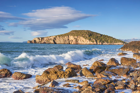 Rocky beach and waves in the Mediterranean Sea of Mazarron in the Murcia region. Spainの写真素材