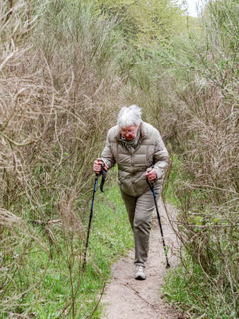 Woman on a hike is striving uphill on a narrow trail surrounded by bushesの写真素材