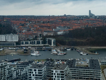 View of Aarhus wooden ships harbour area, with Troejborg and Risskovenの写真素材