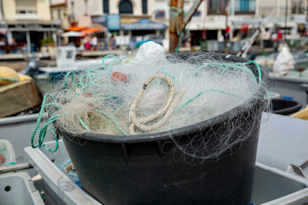 Fishing gear on the banks of the river Lez in Palavas les Flots in Franceの写真素材
