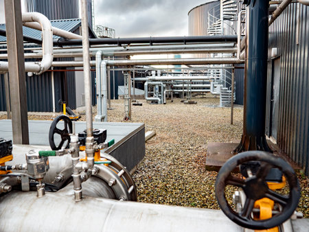 Modern Biogas Plant Facility in Denmark with Industrial Pipes and valvesの写真素材