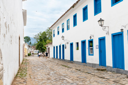 Perspective of colonial street with repetitive blue doorsのeditorial素材
