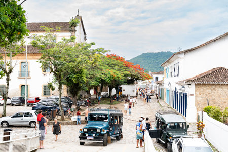 Tourist jeeps and street life in colonial Paratyのeditorial素材