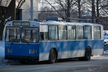 Yoshkar-Ola, Russia - February 7, 2018 Photo ZiU-682 is a Soviet Russian high-floor trolley bus of large capacity for intraurban passenger traffic.のeditorial素材