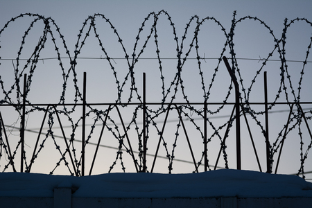 Barbed wire on dark fence. Color silhouette photoの写真素材