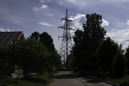 Power line in the street. Summer time.の写真素材