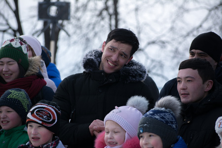 Yoshkar-Ola, Russia - February 19, Russia - Smiling viewers on the Maslenitsa holidayのeditorial素材