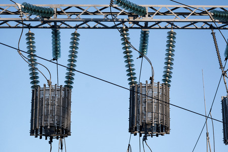 Power plant is a station of transformation. A lot of cables, poles and wires, transformers. Electro-energy.の写真素材