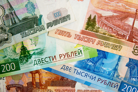 Scattered ruble currency banknotes, closeup viewの写真素材