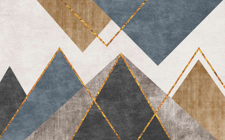 Simple style geometric triangle splicing art pattern, abstract carpet, retro background, golden lines, wallpaperの写真素材