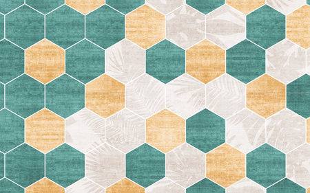 Seamless geometric pattern with hexagons and palm leaves.