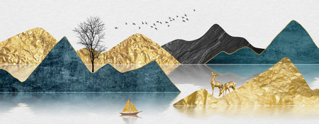 golden and blue mountains landscape with deer and boat, 3d illustrationの写真素材