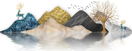 Mountain landscape with deer and reindeer 3d-illustrationの写真素材