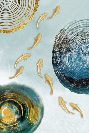 Abstract watercolor background with dolphins and circles. Hand drawn illustration.の写真素材