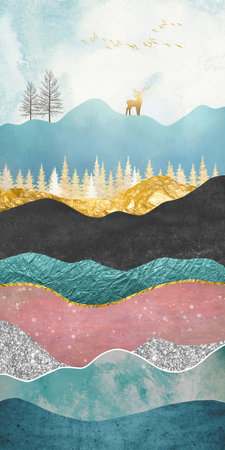 Mountains and lake landscape, watercolor painting, hand drawn illustrationの写真素材