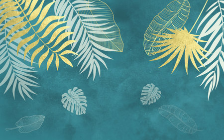 Tropical leaves on grunge blue background. Vector illustration.の写真素材
