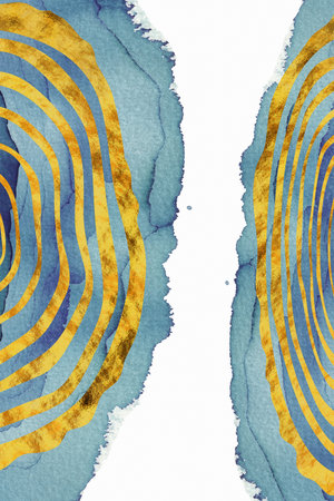 Abstract blue and yellow watercolor background with white paper texture and stripesの写真素材